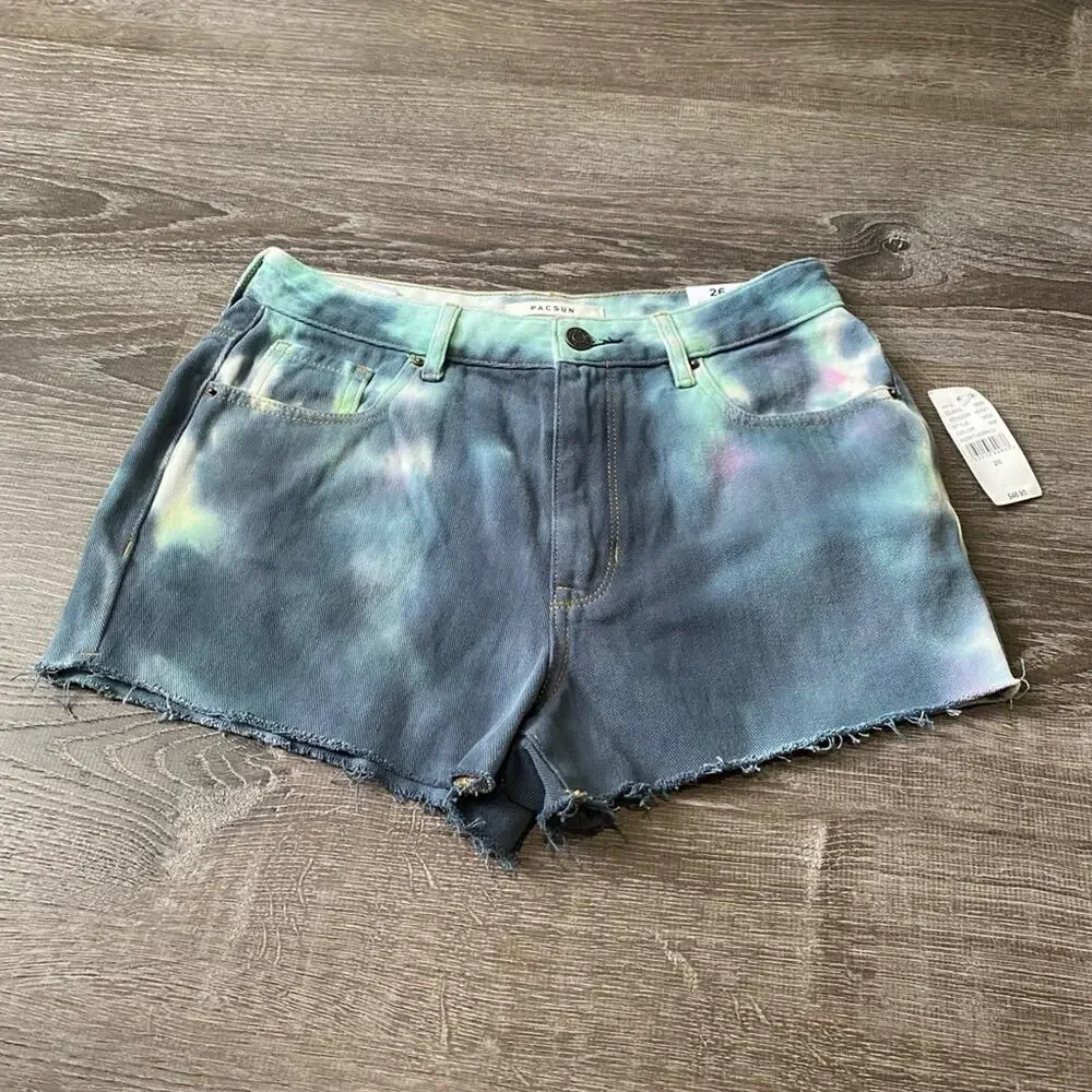 PacSun Tie Dye High Rise Festival Denim Shorts Womens  26 Festival Lights New